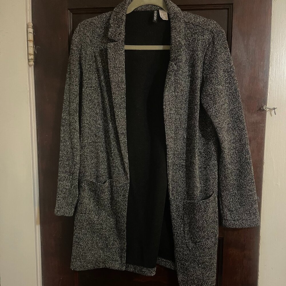 H&M Long Open Front Blazer - Gray and Black Tweed - Size 4